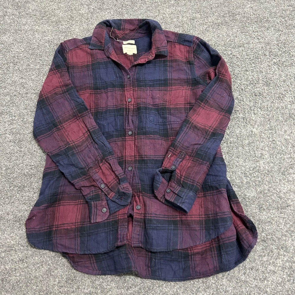 American Eagle Flannel Shirt Womens Large Purple Blue Plaid Boyfriend Fit Soft